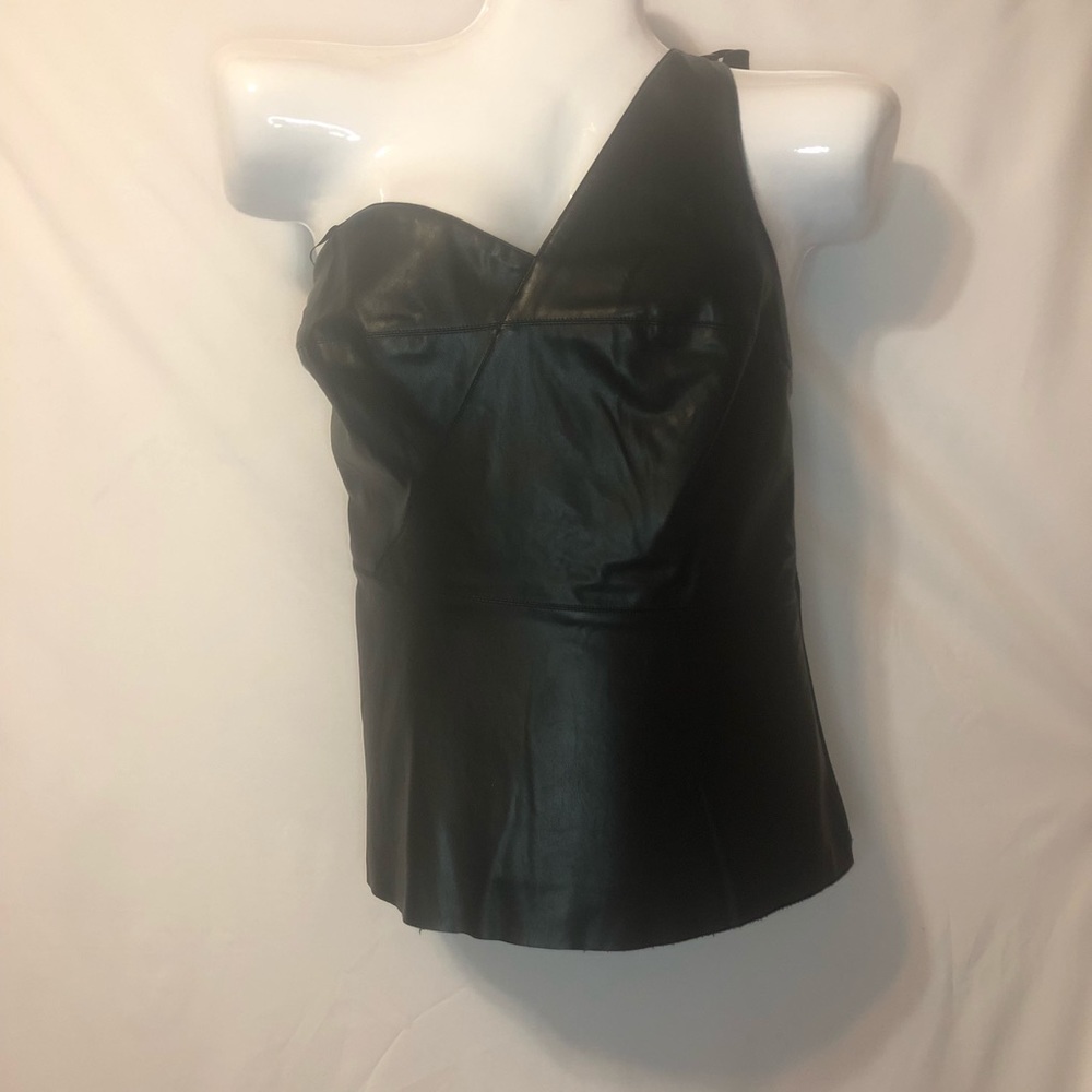 Venus Women's One Shoulder Pleather Top Black. L
